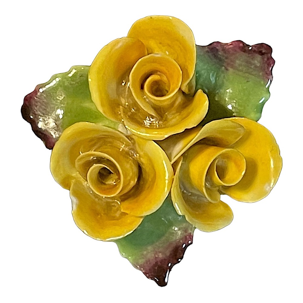 VINTAGE STAFFORDSHIRE CARA CHINA THREE ROSE BROOCH•Yellow Roses•Made in England